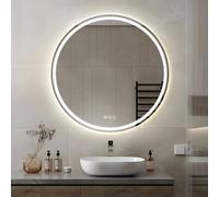 AI-LIGHTING 700mm Round Bathroom Mirror with LED Light, Wall-Mounted Vanity Mirror with Demister, 3-Color Dimmable LED, Anti-Fog Heater, IP44 Waterproof Rating.