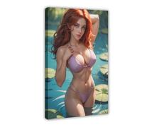 AI Realistic Sexy Girl, Long Hair, Red Hair, Bikini, Sexy Lingerie, River Canvas Poster Bedroom Decor Landscape Office Room Decor Gift Frame: 12x18inch(30x45cm)