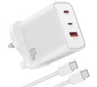 AIAUXAI 65W USB C Fast Charger for Samsung Galaxy S26 S25 S24 S23,White | 3-Port Wall Charger Fast charger Adapter for iPhone 17 16 15/iPad Pro 11th/Galaxy,for Lenovo/HP/Dell/Mac With USBC Cable