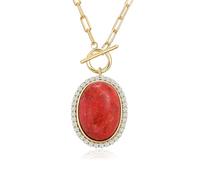 AIBAO 12k Oval Gemstone Necklace, 14k Gold Plated Sterling Silver Paperclip Toggle Necklaces, Turquoise/Coral/Malachite Halo Pendant, 18 inches, Sterling Silver, Cubic Zirconia Red Coral Zirconia