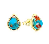AIBAO 925 Sterling Silver 4 Carat Pear Cut Cabochon Gemstone Stud Earrings Yellow Gold Earring Posts Turquoise/Lapis Lazuli/Malachite Earrings Studs, Sterling Silver, orange oyster turquoise