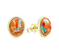 AIBAO Sterling Silver 10 * 8mm Oval Shape Cabochon Gemstone Stud Earrings Yellow Gold Earring Posts Turquoise/Lapis Lazuli/Malachite Earrings Studs, Sterling Silver, orange oyster turquoise