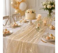 AIBAOBAO 10 Ft Gold Table Runner, Sheer Chiffon Fabric Tulle Cheesecloth Golden Sequin Glitter Metallic Foil, Party Runner Dining Table Decorations for Wedding Birthday Christmas Bridal Baby Shower
