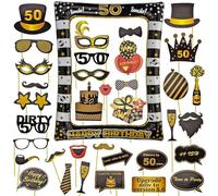 AIBAOBAO 36 Pcs 50th Birthday Photo Booth Props, Inflatable Selfie Frame +35 Pcs Funny DIY Props for Ladies Women Men Favor Gift, Black Gold Badge Inflatable Party Photo Booth Frame Decorations