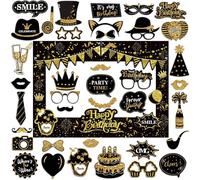 AIBAOBAO 39Pcs Birthday Decorations for Men & Women, 1 Black Gold Selfie Frame + 38 Photo Booth Props for Birthday Party Decoration any Age Bithday（Cake, Champagne, Balloons, Mustache, Tie）