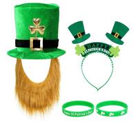 AIBAOBAO 4 Pack Adult Deluxe Green Leprechaun Top Hat with Ginger Beard, St Patrick'S Day Irish Fancy Dress Costume Velvet Accessory, Head Bopper Green Clover Leaf, Rubber Wristband Bracelets