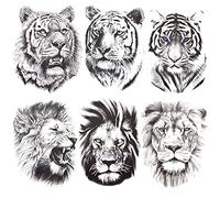 AIBAOBAO 6 Sheets 3D Realistic Large Temporary Tattoos Stickers, Fake Tattoos Lion Tiger Wolf for Men Women, Black Animals Sketch Body Chest Shoulder Neck Face Arm Thigh for Party, Easter Party, Gift