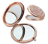 AIBAOBAO Rose Gold Pocket Mirror, Mini Small Round Circle Makeup Mirror, Women Portable Mix Diamond 1x/2x Magnifying Metal Foldable Mirror For Handbags, Wallets, Pockets, Travel And Touch Up Makeup