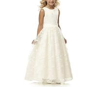 Aibaowedding Chic Long Children's Communion Dress Summer Dress with Embroidered Tulle with Satin Belt/Boho A-line Bridesmaids Dresses Flower Girl Dresses for Girls 2-12 Years, ivory, 10 Years