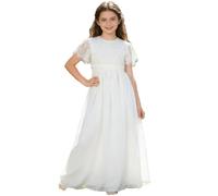 Aibaowedding Girls Vintage Chiffon Ruffle Sleeves A-line Wedding Party Maxi Junior Bridesmaid Flower Girl Dress for Children, White, 10-11 Years