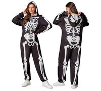 Aibaowedding Halloween Skeleton Unisex Onesie Pyjamas for Adults Skeleton Jumpsuit Pyjamas Costume Cosplay Costume with Hood Black, black-white, XL