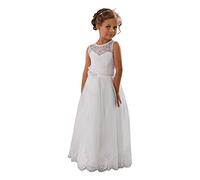 Aibaowedding vintage children's long tulle dress, lace dress with belt, chic A-line communion dresses, bridesmaids dresses, flower girl dresses for girls, 2-12 years, White, 10 Years
