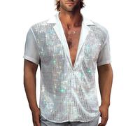 AIBEIX Mens Mesh Sequins See Through 70s Disco Long Sleeve Button Down Shirts, White Multicolour-short Sleeve, 3XL