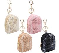 AIBFRID 4Pcs Mini Backpack Keychain,Cute Cosmetic Bag for Women,PU Leather Makeup Bag Key Pocket Lipstick Bag Card Holder Data Cable Organizer Zipper Pouch, Mesh Cosmetic Bag