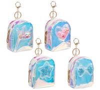 AIBFRID 4Pcs Mini Backpack Keychain,Cute Cosmetic Bag for Women,TPU Clear Makeup Bag Key Pocket Lipstick Bag Card Holder Data Cable Organizer Zipper Pouch (Heart Crown Bow Star)