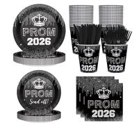 AIBIIN 144pcs Prom Send Off Decorations 2026 Prom Plates and Napkins, Cup, Tableware, Class of 2026 Disposable Dinnerware Set Black and Silver Graduation Party Supplies Serve 24 Guests
