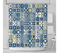 AIBIIN 180x180cm Blue and Yellow Tiles Shower Curtain Modern Retro Textures Morocco Mosaic Portuguese Mediterranean Shower Curtains for Bathroom Durable Polyester Material with 12 Hooks