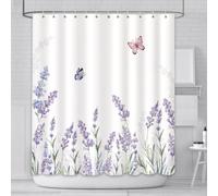 AIBIIN 180x180cm Lavender Shower Curtain Purple Floral Butterfly Bath Curtain for Bathroom Durable Waterproof Polyester Material with 12 Hooks