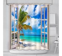 AIBIIN 180x180cm Summer Beach Shower Curtain Tropical Hawaiian Island Palm Trees Ocean White Cloud Wooden Windows Bathroom Curtains Home Decoration With 12 Hooks