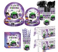 AIBIIN 194pcs Halloween Baby Shower Decorations Halloween A Baby is Brewing Baby Shower Party Plates, Cup, Napkin, Tablecloth, Tableware, Halloween Party Supplies Plates Serve 24 Guests