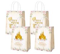 AIBIIN 24 Pcs Once Upon a Time Pink Floral Gold Castle Princess Fairytale Birthday Party Bags with Handles