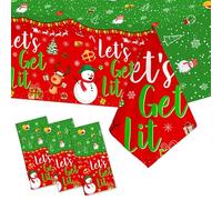AIBIIN 3 Pcs Friendsmas Christmas Tablecloth Decorations Let's Get Lit Party Decorations Red and Green Christmas Plastic Tablecloth Santa Snowman Reindeer Table Cover Decorations 108 x 54 Inch