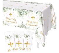 AIBIIN 3Pcs First Holy Communion Baptism Tablecloth Greenery Mi Primera Comunion Table Cover Decorations Christening God Bless Plastic Disposable Table Cloth Table Decorations 108 x 54 Inch