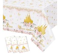 AIBIIN 3Pcs Princess Birthday Party Tablecloths Once Upon a Time Table Cover Floral Gold Castle Party Decorations for Girls Women Birthday 108 x 54 Inch