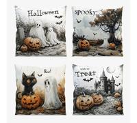 AIBIIN 45x45cm Halloween Throw Pillow Covers Set of 4 Pumpkin Ghost Black Cat Bat Castle Trick or Treat Linen Cushion Covers for Home Couch Living Room Office Shop Decor
