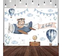 AIBIIN 7x5ft Bear Baby Shower Backdrop for Boy Up Up and Away Oh Baby Photography Background Blue Airplane Cloud Balloons Adventure Theme Baby Shower Party Decorations Banner Photo Prop