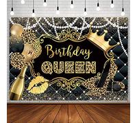 AIBIIN 7x5ft Birthday Queen Backdrop for Woman Girl Leopard Black and Gold Crown Pearl Balloon Champagne Birthday Photography Background Bday Party Decorations Supplies Banner Photoshoot Studio Props