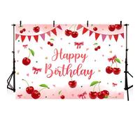 AIBIIN 7x5ft Cherry Birthday Backdrop Red Bowknot Cherries Girl Birthday Decoration Background Sweet Cherries Banner for Girls Birthday Cake Smash Party Supplies Photo Booth Props