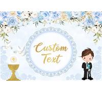 AIBIIN 7x5ft Custom Mi Primera Comunion Backdrop for Boys God Bless First Holy Communion Photograph Background Chalice Doves Blue Floral Lace Party Decoration Banner Photo Props