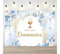 AIBIIN 7x5ft First Holy Communion Backdrop for Boy Mi Primera Comunión Party Decorations Blue and Elegant Floral Party Banner Flower Garland Dove Bible God Bless Party Photo Prop