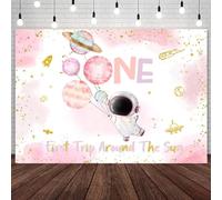 AIBIIN 7x5ft First Trip Around The Sun 1st Birthday Backdrop Birthday for Girl Pink Outer Space Photography Background Astronaut Galaxy Space Sun Planets Birthday Party Decorations Banner