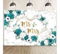AIBIIN 7x5ft Green Mr and Mrs Floral Backdrop Teal Wedding Photography Background Heart Geometric Marble Flowers Bridal Shower Banner Women Bride to Be Couple Engagement Party Cake Smash Photo Props