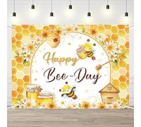 AIBIIN 7x5ft Happy Bee Day Honeycomb Theme Backdrop Bee and Flower Birthday Party Decoration Yellow and White Floral Spring Happy Birthday Baby Shower Backdrop for Kids