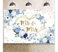 AIBIIN 7x5ft Mr and Mrs Floral Backdrop for Bridal Shower Blue and White Flowers Photography Background Hearts Geometric Couple Wedding Party Decorations Bride to Be Engagement Banner Props