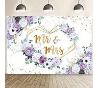 AIBIIN 7x5ft Mr and Mrs Violet Wedding Backdrop for Bridal Shower Purple and White Flowers Photography Background Hearts Geometric Couple Wedding Party Decorations Bride to Be Engagement Banner Props