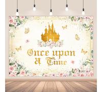 AIBIIN 7x5ft Once Upon a Time Backdrop for Girls, Pink Floral Gold Castle Princess Fairytale Birthday Party Decoration First Birthday Party Photobooth Backdrop Supplies Cake Table Decorations