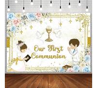 AIBIIN 7x5ft Our First Holy Communion Backdrop for Twins God Bless Baptism Party Decorations Christening Ceremony Mi Primera Comunion Mi Bautizo Banner Boho Floral Photography Background Photo Props