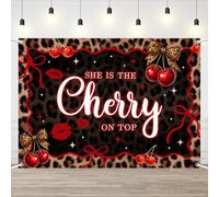 AIBIIN 7x5ft Red Cheetah Print Baby Shower Backdrop She is The Cherry On Top Banner Wild Cherry Photo Background for Girl Baby Shower Mom to Be Party Dessert Table Photo Booth Decorations
