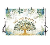 AIBIIN 7x5ft We Are Family Backdrop Green Gold Eucalyptus Leaves Tree of Life Photography Background Gold Glitter Table Decoration Wallpaper Family Party Banner Cake Smash Photo Props