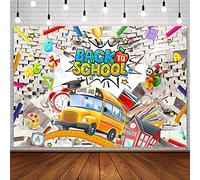 AIBIIN 7x5ft Welcome Back to School Backdrop for Kids First Day of Kindergarten Party Decorations Broken Wall Classroom Pencil School Bus Teacher Student Photography Background Banner Photo Props