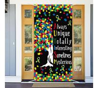 AIBIIN Autism Awareness Day Inspirational Door Cover Banner Positive Puzzle Piece Tree Colorful Nursery Classroom Decoration Banner Autistic Motivational Kid Room Decor Backdrop Black 35.4 x 70.8inch
