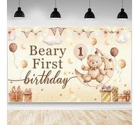 AIBIIN Beary First Birthday Decorations Backdrop 1st Birthday Party Decorations for Boy Photography Background Brown Ballon Beary Party Banner Photo Booth Props Supplies 70.8x43.3 inch