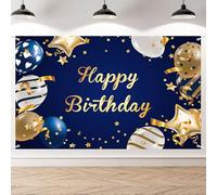 AIBIIN Blue and Gold Happy Birthday Banner Balloons Ribbon Party Photo Backdrop Navy Blue Birthday Decorations Props 180x110cm