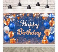 AIBIIN Blue and Orange Happy Birthday Banner Sign Poster Large Fabric Glitter Balloon Fireworks Sign Photo Backdrop Background for Birthday Decoration Supplies 70.8x43.3inch