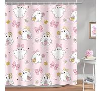 AIBIIN Cute Halloween Shower Curtain with Cute Ghosts, Pink Washable Waterproof Halloween-Themed Shower Curtains, Polyester Material, 180 x 180 cm