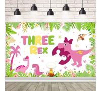 AIBIIN Dinosaur Three-rex Birthday Backdrop for Girl Happy 3rd Birthday Photography Background Greenery Jungle 3 Years Old Party Decorations Banner Supplies Photo Shoot Props 70.8 x 43.3 inch
